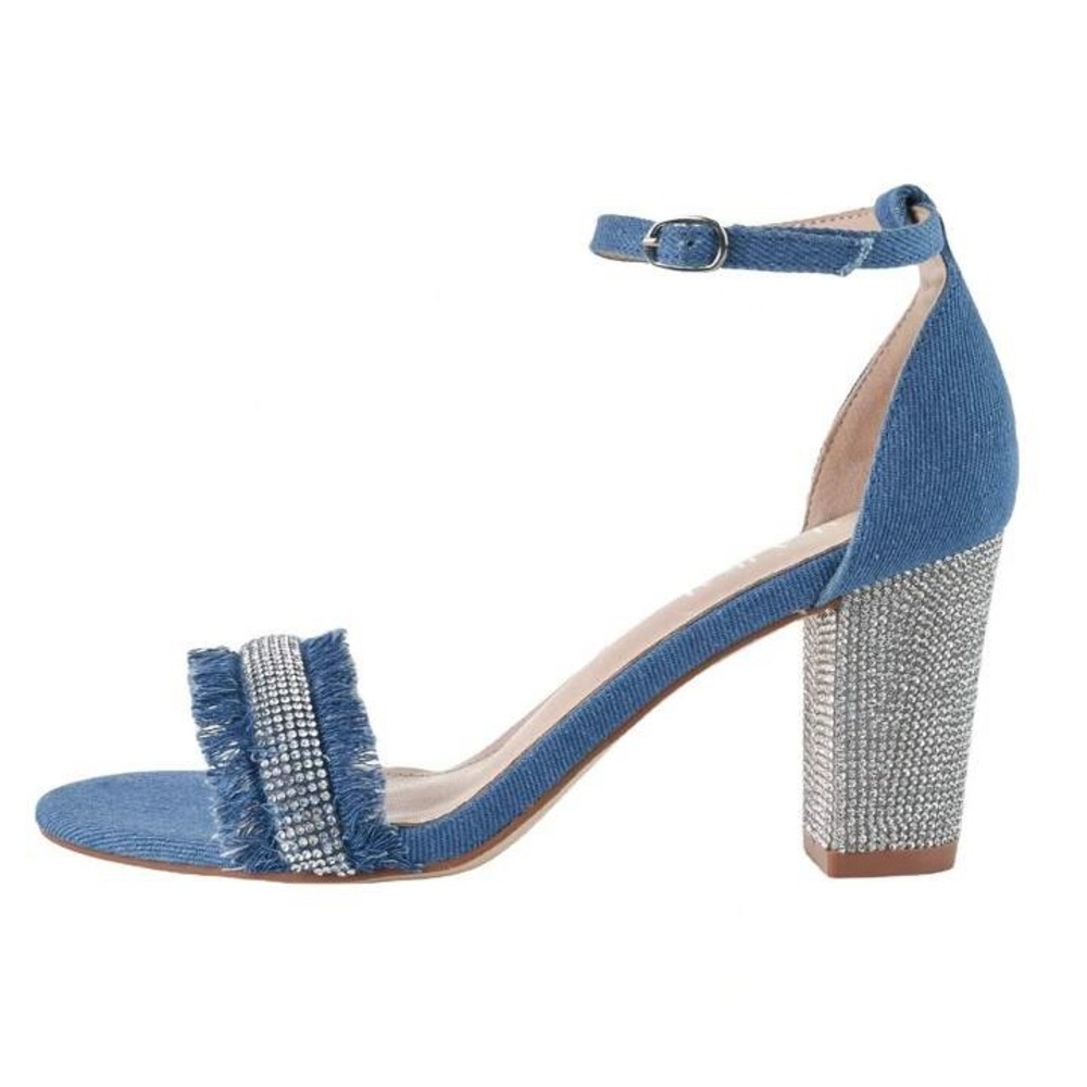 Denim Crystal Block Heel Sandals with Ankle Strap. - Picture 4 of 6